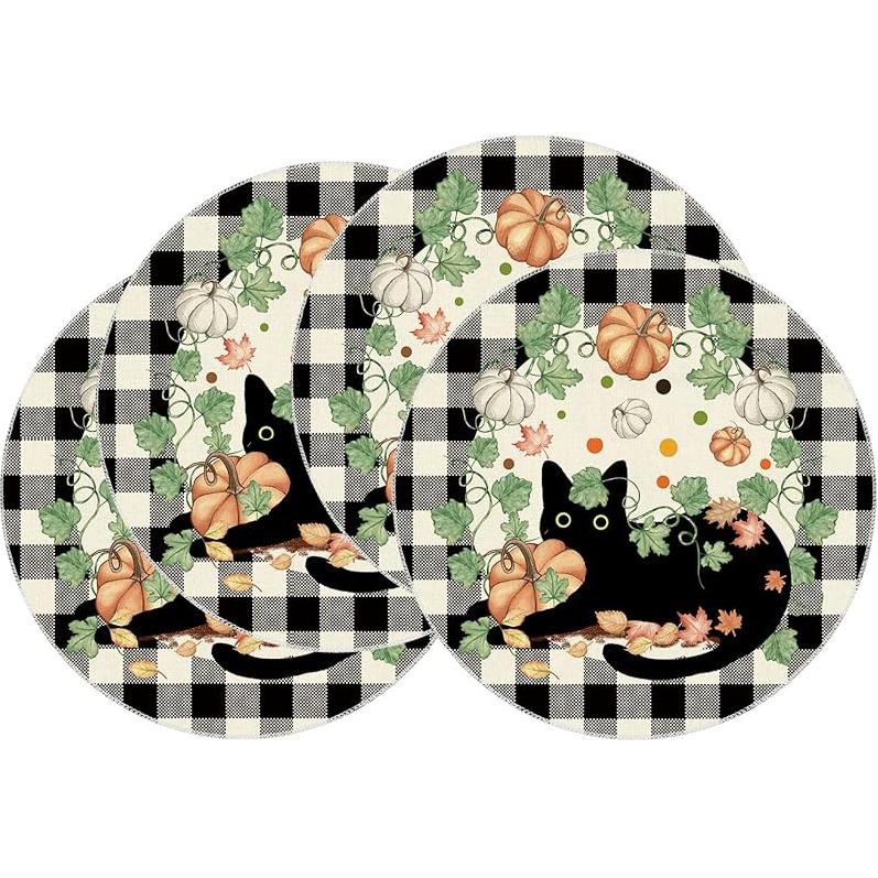 XCHI Fall Black Cat Pumpkin Plaid Placemats Set of 4 Table Mats for Party Home Kitchen Dining Table Decorations 12x18 Inch
