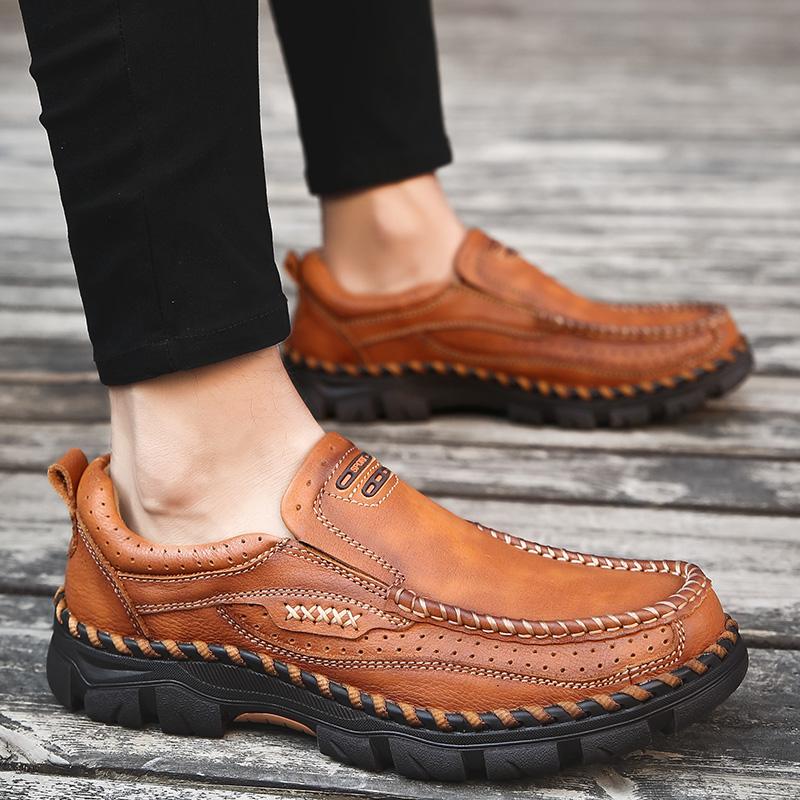Fashion Men's Slip-On Casual Leather Shoes Wear-Resistant Anti-Skid Round Toe Loafers Thick Bottom Dress Footwear All Season