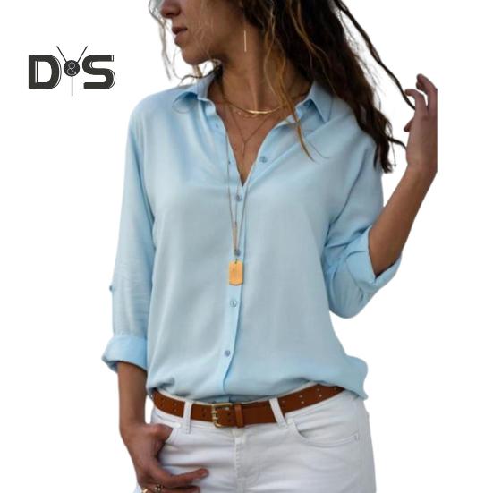 

Женская шифоновая рубашка с лацканами и длинным рукавом, однобортная рубашка, топы, однотонная тонкая офисная женская блузка для работы и отдыха XL светло-синий