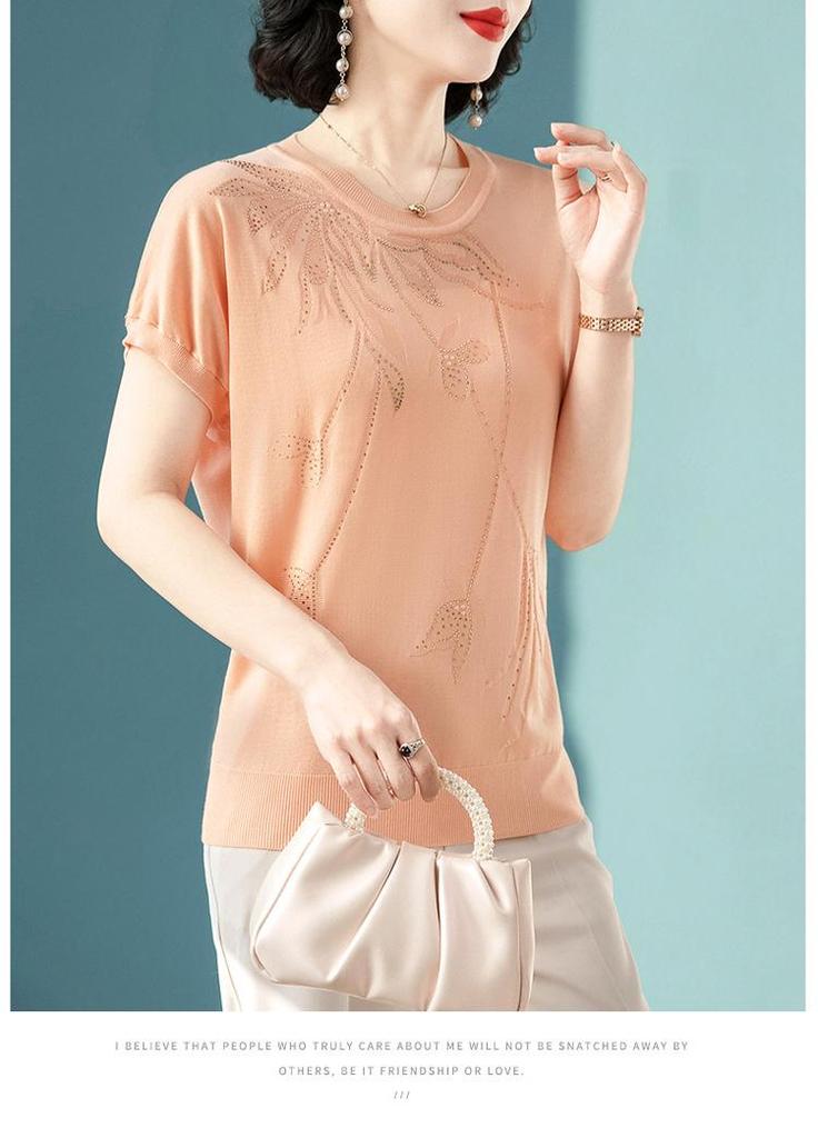 Damen Eisseide Strick-T-Shirt, Kurzarm, Sommerstil für Alter 40-50