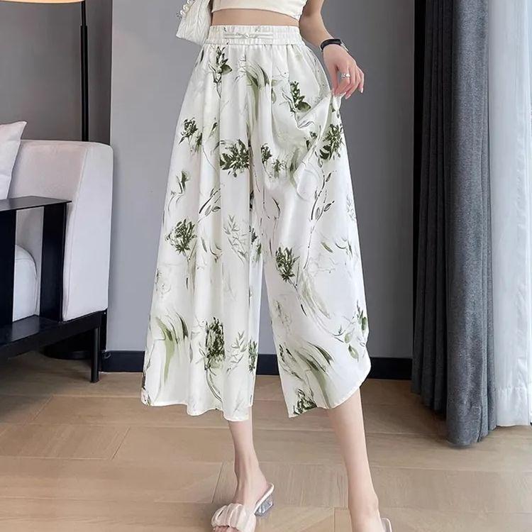 Women's High Waist Ink Print Ice Silk Wide-Leg Capri Pants - Summer 2025 Collection
