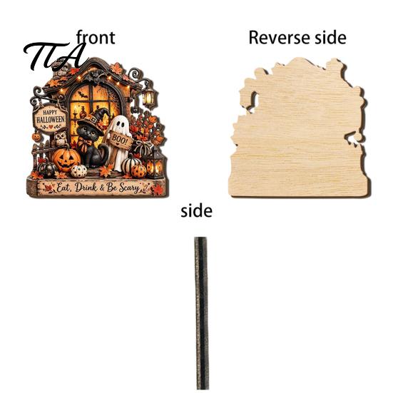 Autumn Seasonal Decorations Halloween Wooden Tabletop Sign, Pumpkin Black Cat Ghost Haunted House Decor Plaque Dining Table Ornaments with Stand,