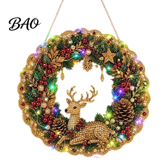 Festive Door Hanging Ornament DIY Acrylic Christmas Faux Pearl Art Kit, Lighted Wreath 3D Beaded Craft Mantelpiece Kit with LED String Light, Beginner
