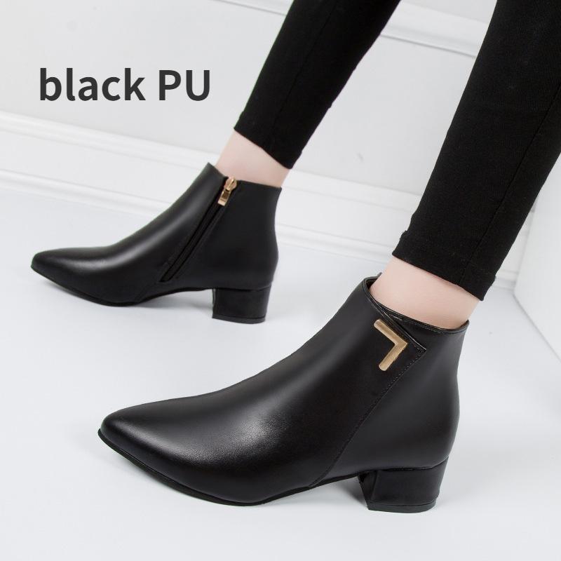 Women's Boots Fashion Casual Thick Heeled Boots Temperament Pointed Toe Leather Boots Classic Side Zipper Ankle Boot Botas Mujer