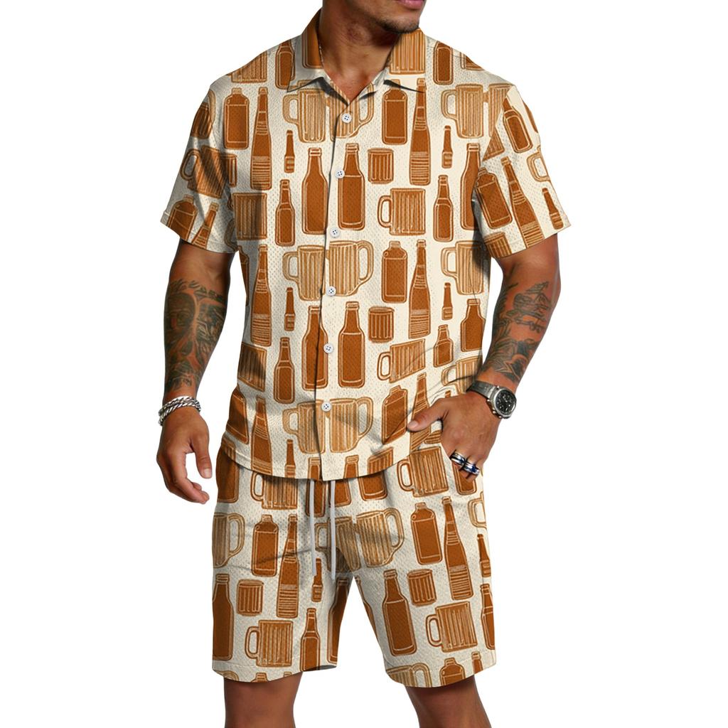 Men's Casual Short Sleeve Shirt and Shorts Set Beer Festival Print Lightweight Breathable Summer Outfit for Outdoor Activities