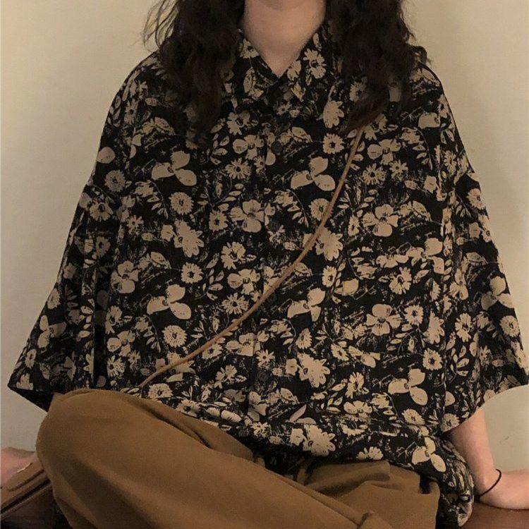 

Женская рубашка-топ с короткими и полурукавами с чувством дизайна летом в ретро-гонконгском стиле с цветочными узорами XL