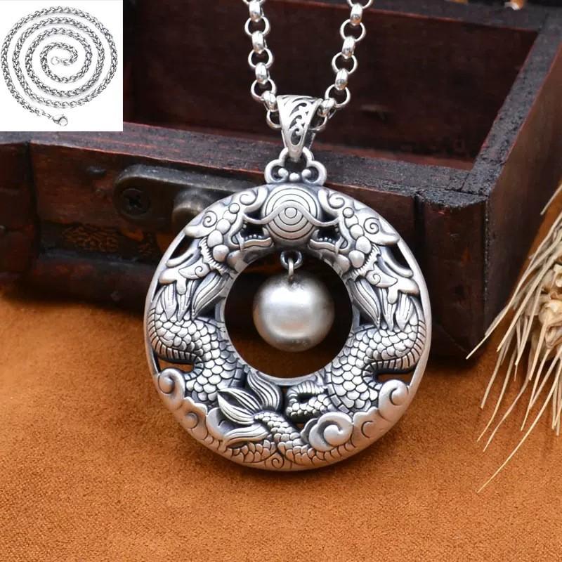 Vintage Double Dragon Pearl Pendant Necklace Women Men Long Chain With Copper Charm Retro Ethnic Style Jewelry