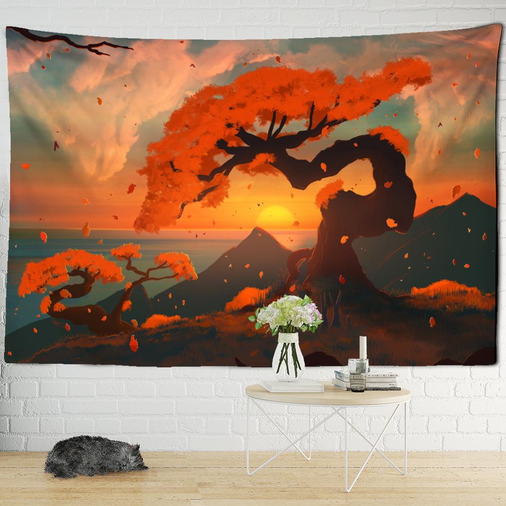Sunset Cartoon Forest Tapestry Wall Hanging Kawayi Bohemian Tropical Art Scenery Bedroom Simple Home Decor