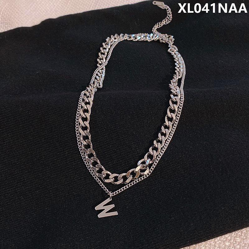 Dark Night 77 Stainless Steel Layered Clavicle Necklace - Hip Hop W-Letter Design, Versatile Titanium Steel Short Chain for Women