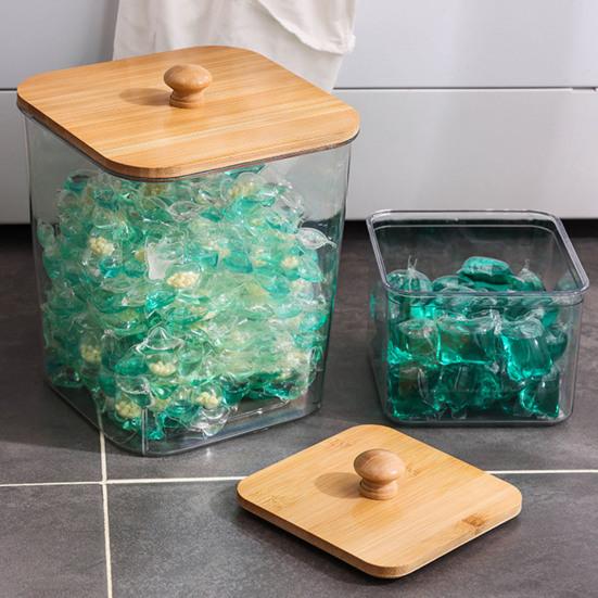 Wäscheperlen Aufbewahrungsbox mit Bambusdeckel Große Öffnung Acrylbehälter Waschpulverperlen Feuchtigkeitsgeschützter Organizer