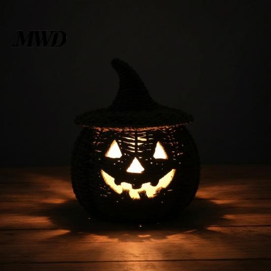 Herfst Buiten Decoratie Handgeweven Pompoenmand met Heksenhoed Deksel, Rustieke Vlechtwerk Trick Beschutte Veranda Decoratie of Snoepmand voor Buiten Halloween