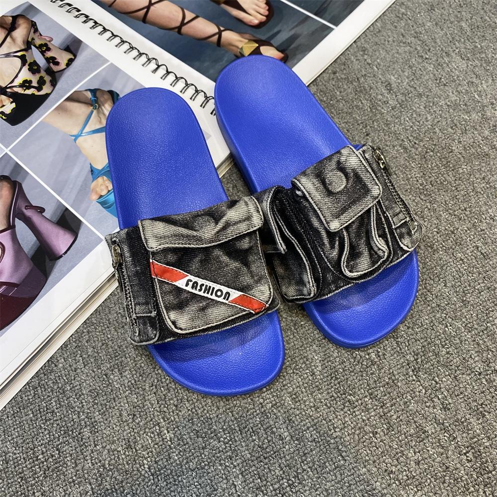 Fashion 2025 Summer New Pocket Denim Flat Slippers Comfortable Casual Size 47 48 Thick Soled Men's Women's Multi-color Outdoor Sandals