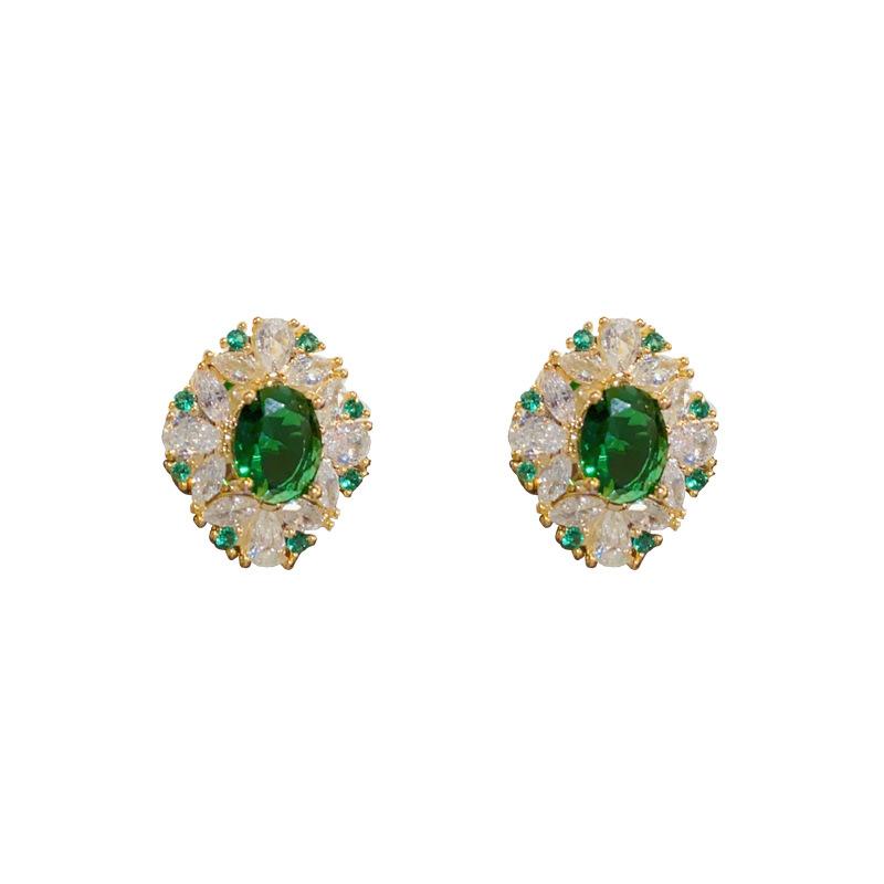 Light Luxury Zircon Emerald Diamond Earrings Temperament Fashion Retro High-end Earrings All-match Super Flash Earrings