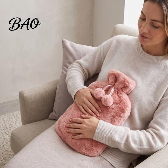 Hot Water Bag with Drawstring 2L Bottle Plush Cover, Pompom Lightweight Bag, Winter Warm for Hands, Feet, Stomach