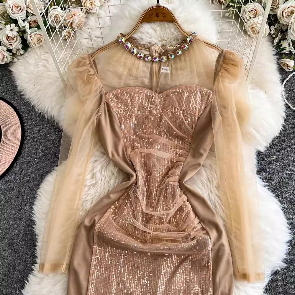 2025 neue Frühjahr Sommer Frauen High-End-Party Mode O Neck Shiny Diamanten Langarm Schlank Lange Party Casual Kleider