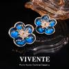 High-End Deep Sea Blue Glass Flower Earrings with Gold-Plated Copper – Elegant New Chinese Style Studs
