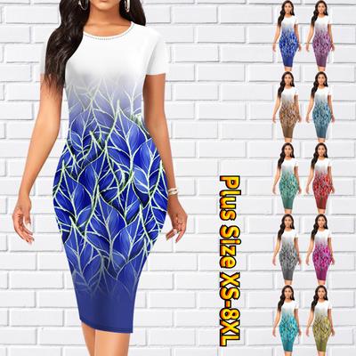Vestido ajustado de manga corta hasta la rodilla Vestido midi con estampado de hojas apilables en 3D para mujer a la moda
