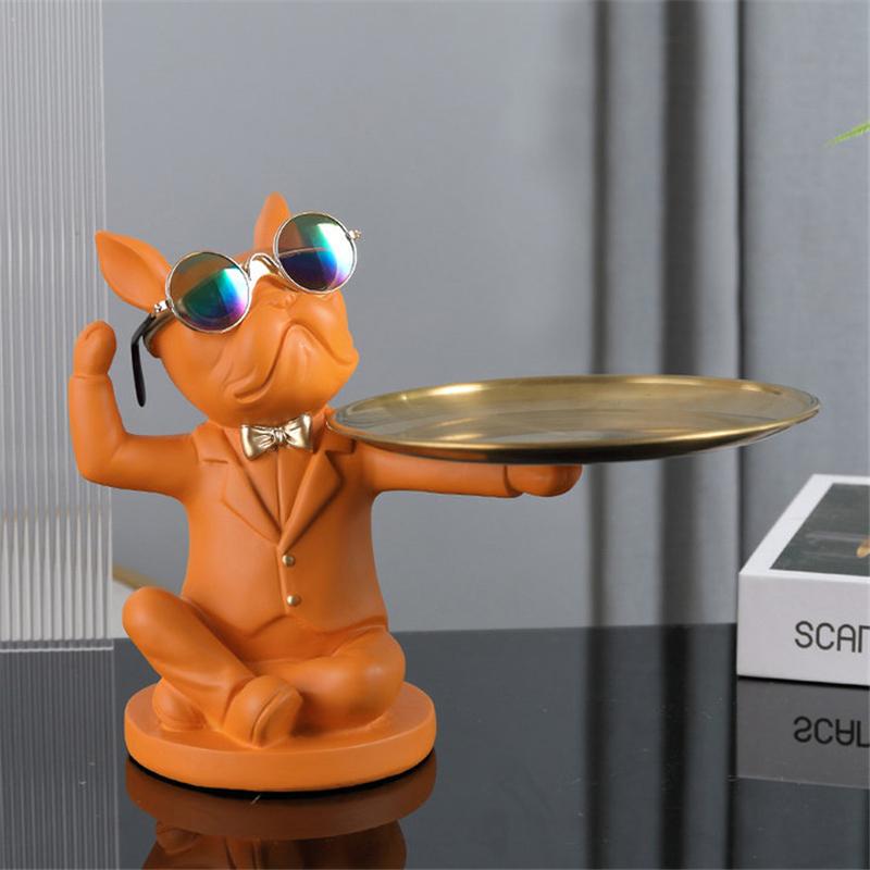 Nordic French Bulldog Butler Resin Dog Sculpture with Glasses Modern Home Decor for Tabletop Living Room Animal Crafts Ornament