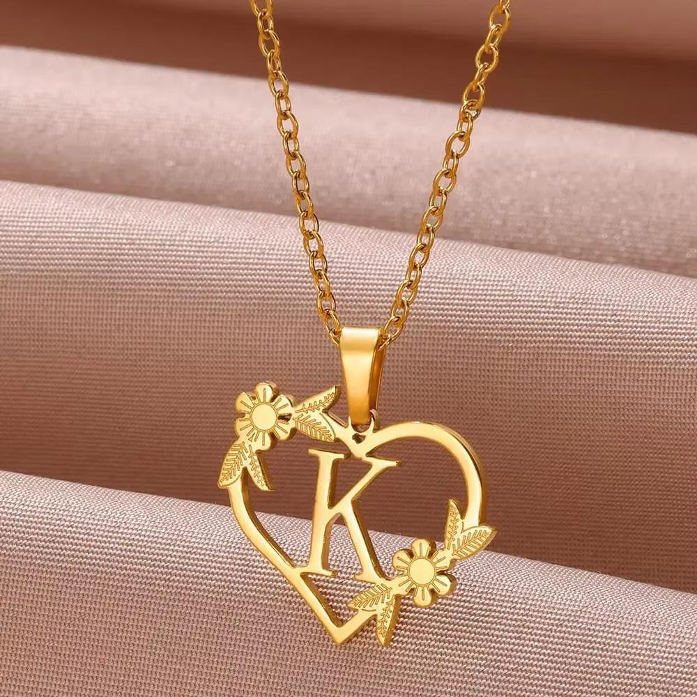 New English Alphabet Heart Pendant Gold Flower Premium Titanium Steel Gold Plated Necklace Clavicle Chain Fresh Woman
