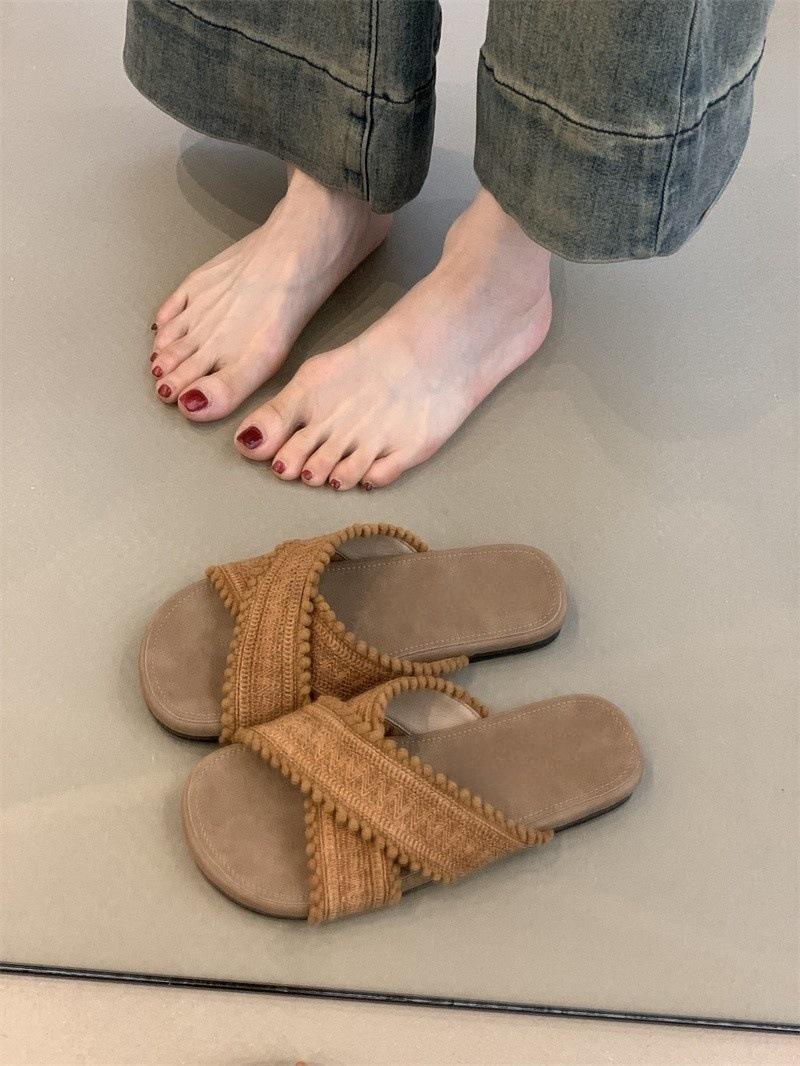 

Woven Cross Slippers Gentle Fairy Vacation Beach Cool Slippers 40 коричневый