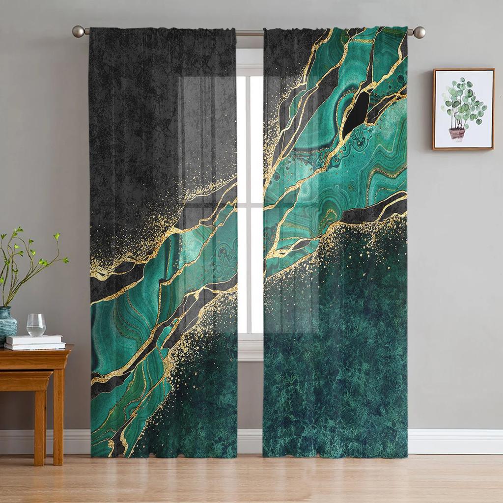 Grass Green Marble Translucent Drapes for Bedroom Space Living Room Decoration Window Opening Drape for Kitchen Area Tulle Voile Organza Curtains