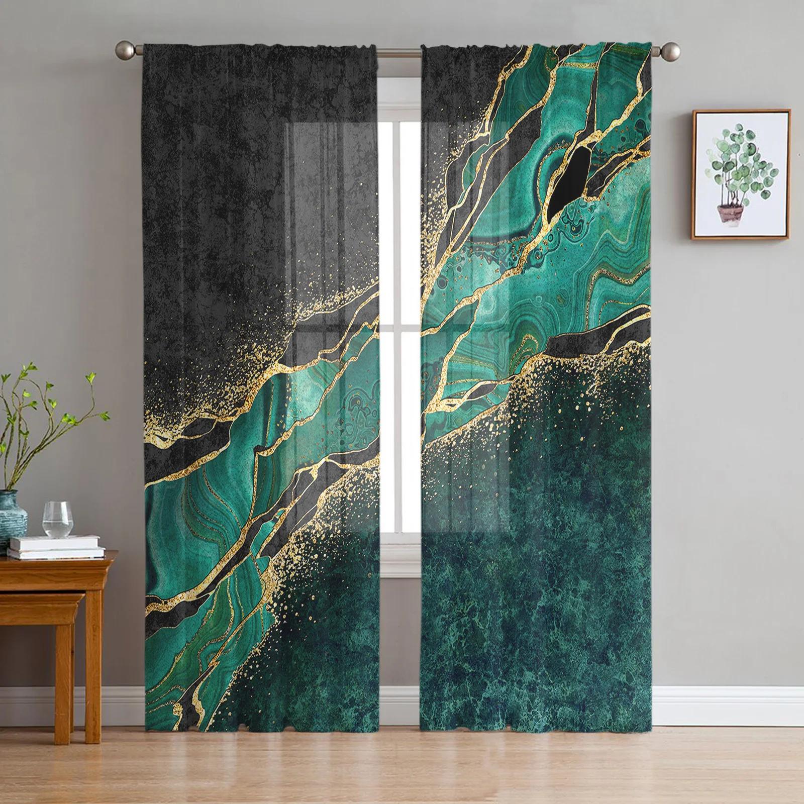 

Grass Green Marble Translucent Drapes for Bedroom Space Living Room Decoration Window Opening Drape for Kitchen Area Tulle Voile Organza Curtains W135 x H115cm x1&Grommet Top