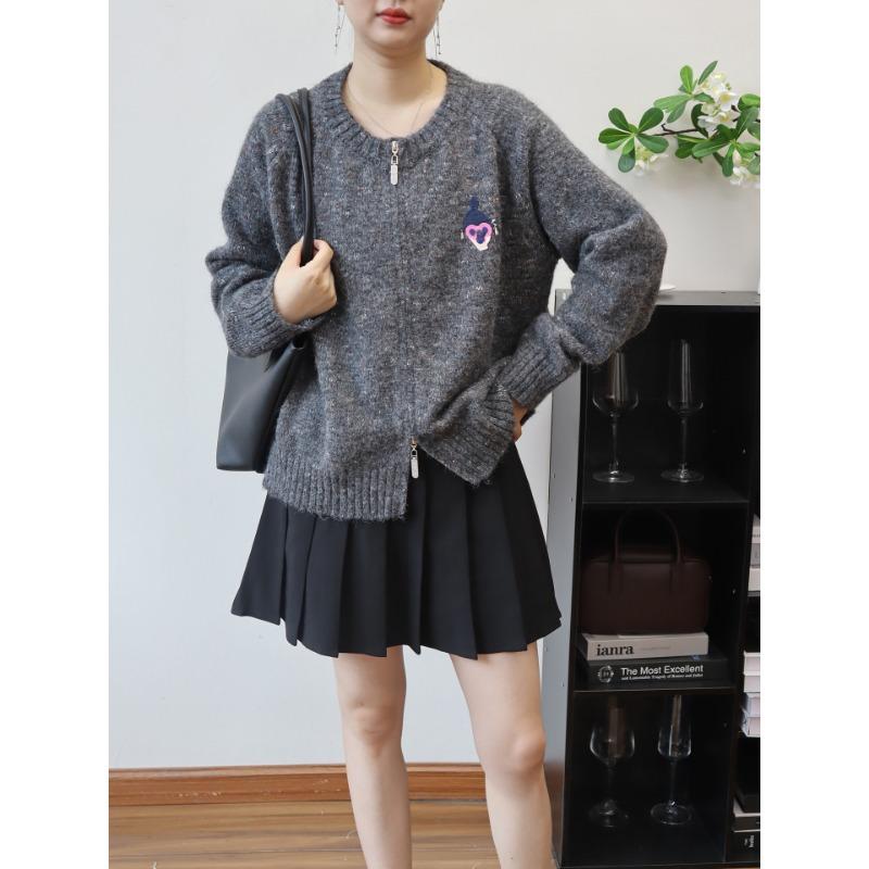 

Осень и зима новый ретро дизайн вязаный кардиган свободный двойная молния универсальная куртка-свитер женская One size темно-серого