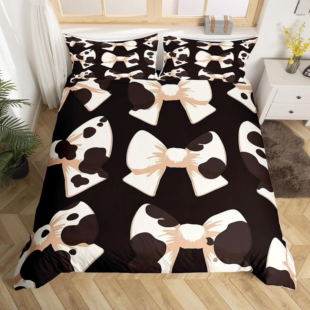 Simple Bow Knot Duvet Cover Twin SizeCartoon Kawaii Bedding SetCute Bows Ribbon Printed Comforter Cover for Girl Women Bedroom