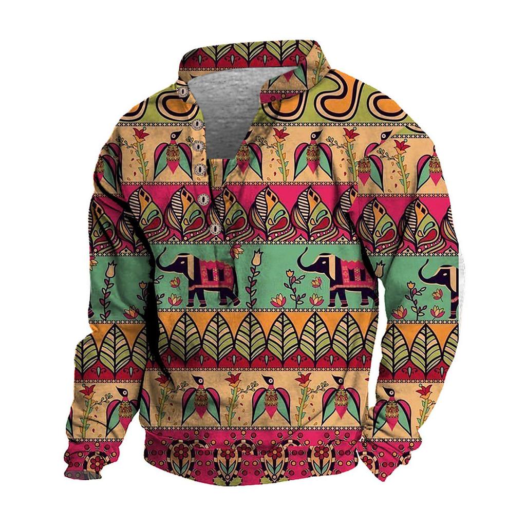 Pullover mit V-Ausschnitt für Herren, 3D-Digitaldruck, Stehkragen, 6 Knöpfe, Vintage-Kragen