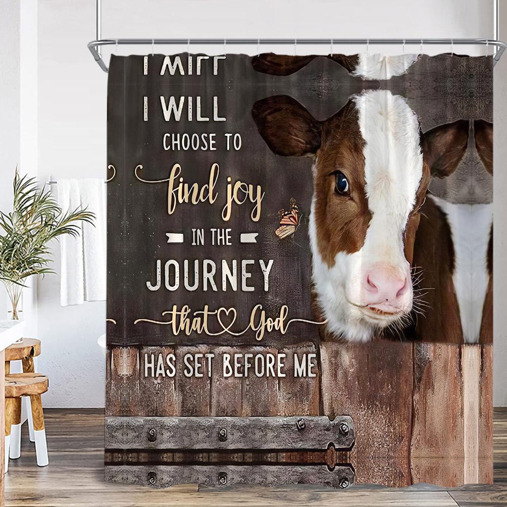 Highland Cow Farmhouse Shower Curtain Funny Farm Animal Flower Wooden Plank Bathroom Decor Vintage Polyester Fabric Bath Curtain