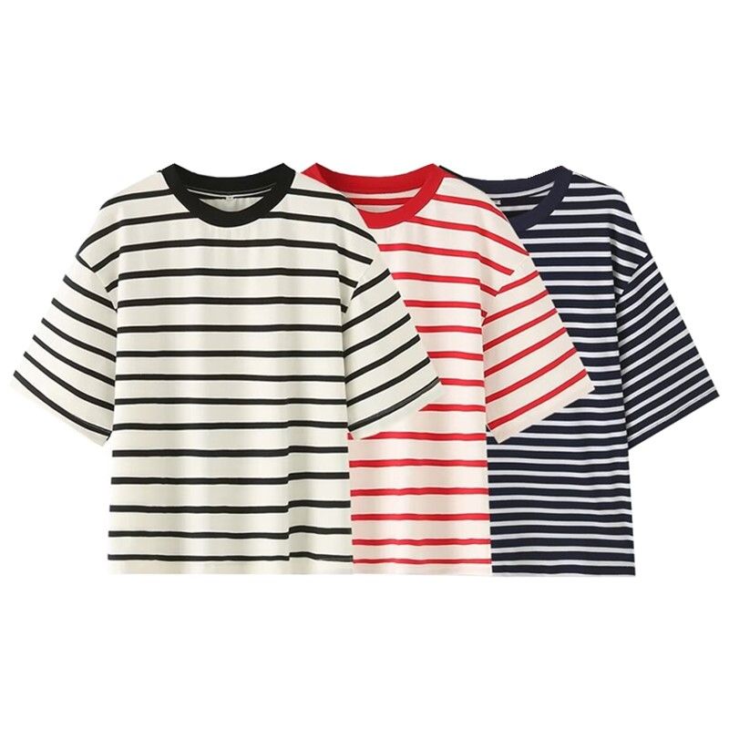 Western Style 2024 Summer New Women Clothes Casual All-matching Stripe Plus Size Short Sleeve T-shirt 5644347