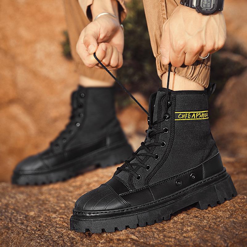 Grüne Canvas Herren Stiefeletten Mode Schnürstiefel Motorradstiefel Mann Werkzeugstiefel Herbst Rutschfest Cowboy Plateau Stiefel Für Mann