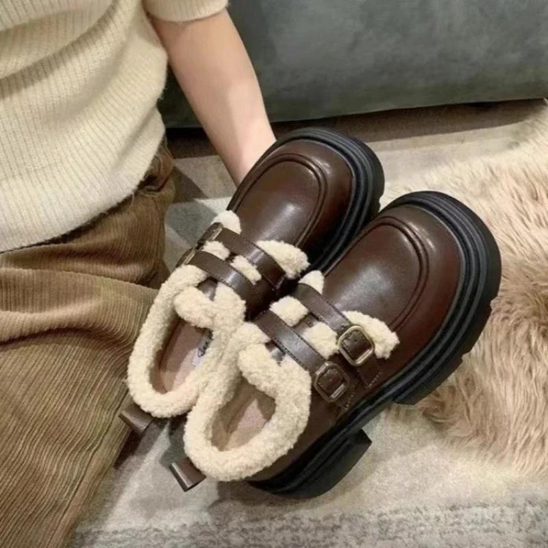 Autumn and Winter British Style Small Leather Shoes for Female  New Student's Japanese Vintage Plush Warm Cotton Shoes for Women