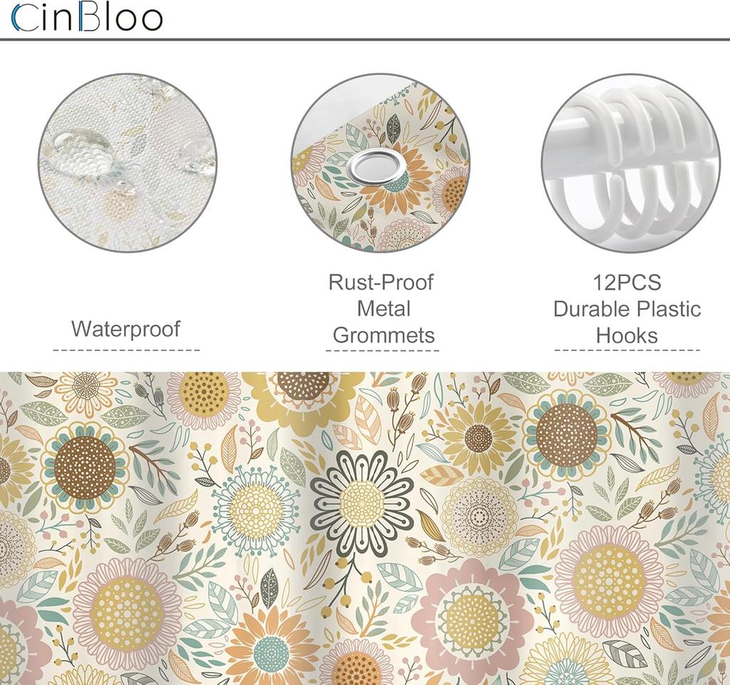 Retro Floral Shower Curtain Colorful Daisy Pattern Leaf Motif Bohemian Design Waterproof Bath Linen Home Decor Item