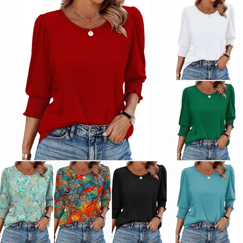Odzież damska, Wiosna i lato, Luźne, Swobodne, Bluzki z nadrukiem, Rękawy 7/4, Okrągły dekolt, Koszulki