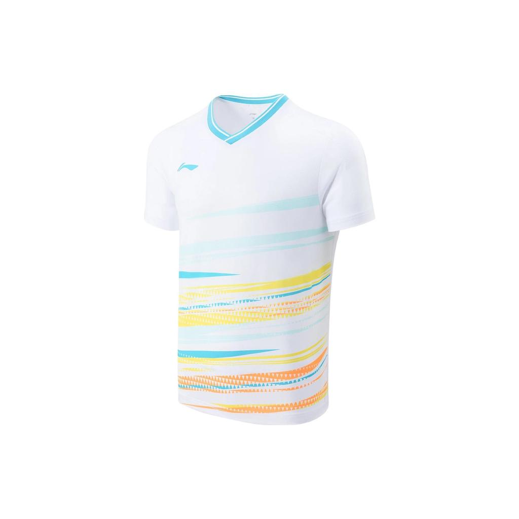 Li Ning Badminton Series Logo Geometric Pattern V-Neck Pullover Short Sleeve T-Shirt Unisex Tops Standard-White AAYT577-3