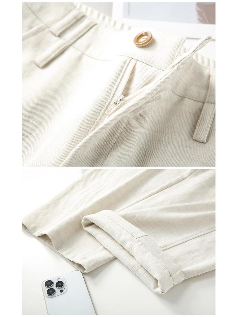 White Linen Loose-Fit Old Money Style Women’s Elastic Waist Wide-Leg Trousers, Casual Spring 2026 Collection