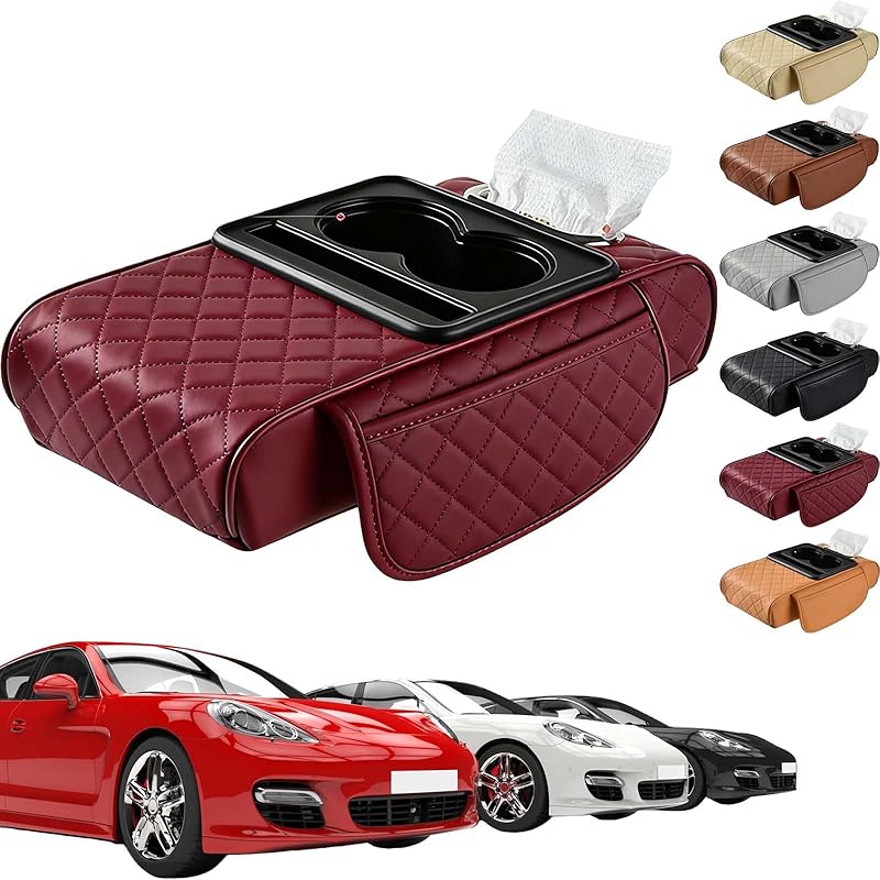 Multifunctional Pu Leather Car Armrest Box Mat with Cup Holders &Tissue Box Slot&Phone Slot
