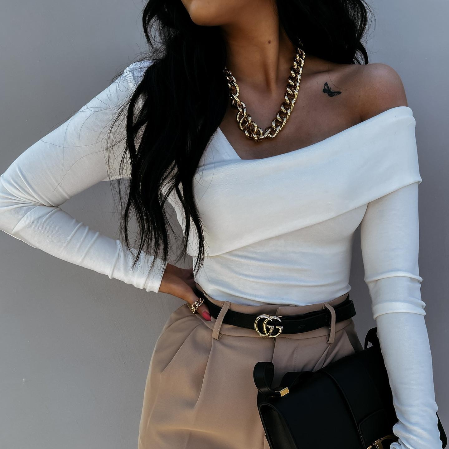 

IHUASU Модная сексуальная футболка с длинным рукавом и открытыми плечами для женщин, осень-зима S белый