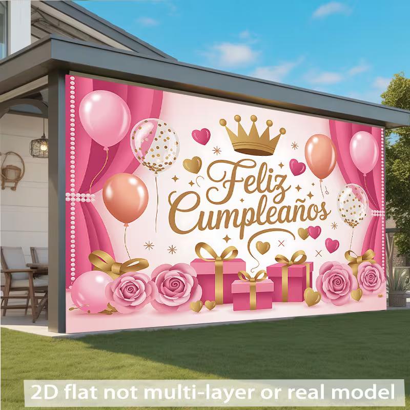 2D Pink Gold Crown Feliz Cumpleaños Backdrop for Princess Birthday Party