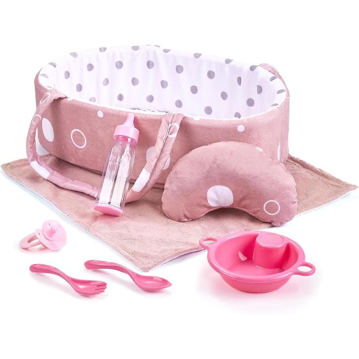 Enjoyin 8 Pcs Baby Doll Accessories Set Includes Feeding Bottle, Pacifier, Blanket, Pillow, Tablewares and Bassinet Carrier for 9'' to 12'' Dolls