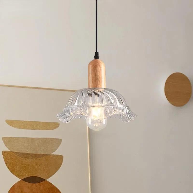 LED Nordic Glass Pendant Light Modern Wooden 1-3 Heads  Hanging Lamp Dining Room Living Room Bedroom Coffee Indoor Decor Fixture