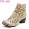 Fashion GKTINOO Handmade Women Boots Breathable Hollow Out Thick Heels Soft Ankle Boots For Women Genuine Leather Summer Casual Shoes