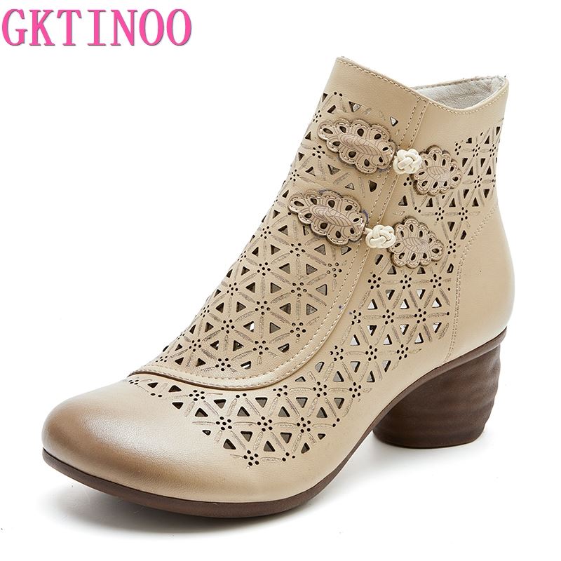 Fashion GKTINOO Handmade Women Boots Breathable Hollow Out Thick Heels Soft Ankle Boots For Women Genuine Leather Summer Casual Shoes