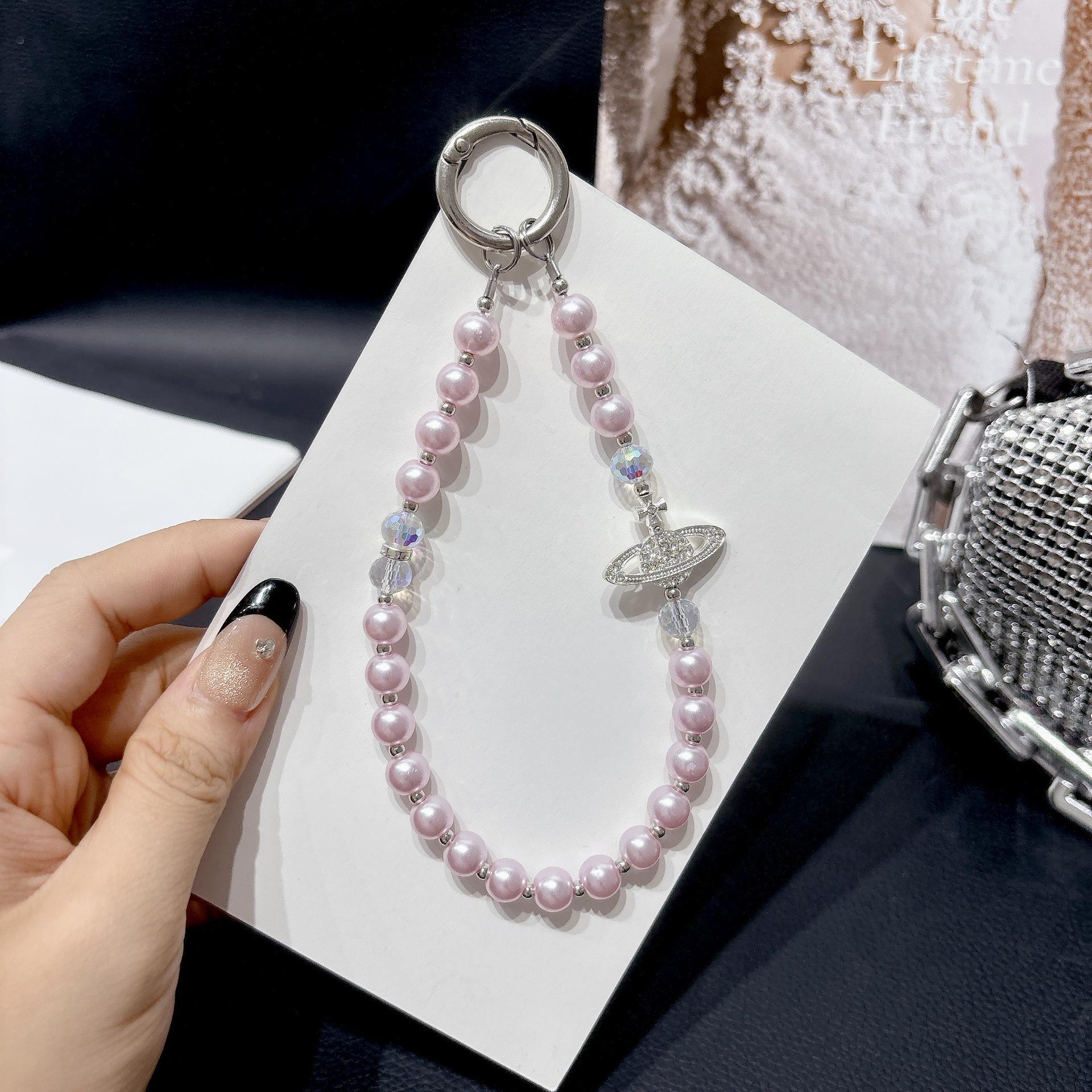 Luxury Rhinestone Saturn Pearl Phone Wrist Charm & Keychain Lanyard.