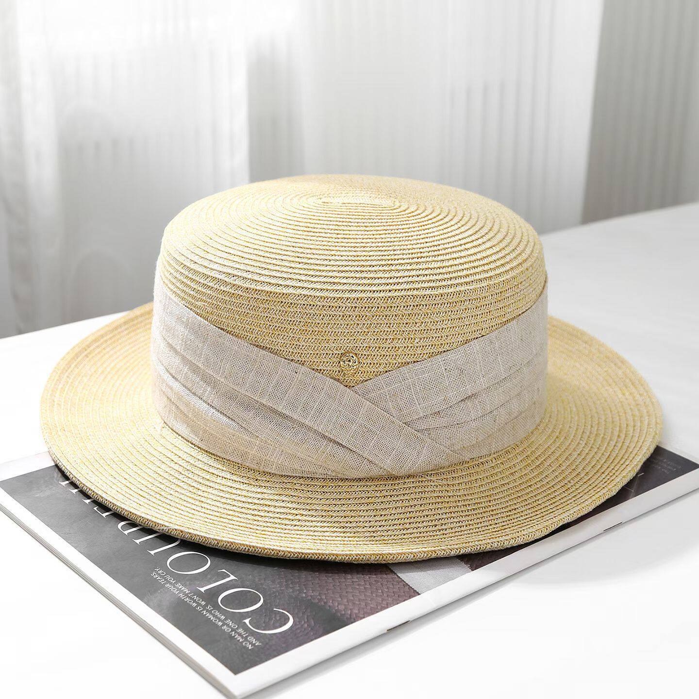 

High quality fashion French flat top straw hat sun hat women s summer seaside vacation beach sun hat top hat M（55-58cm）