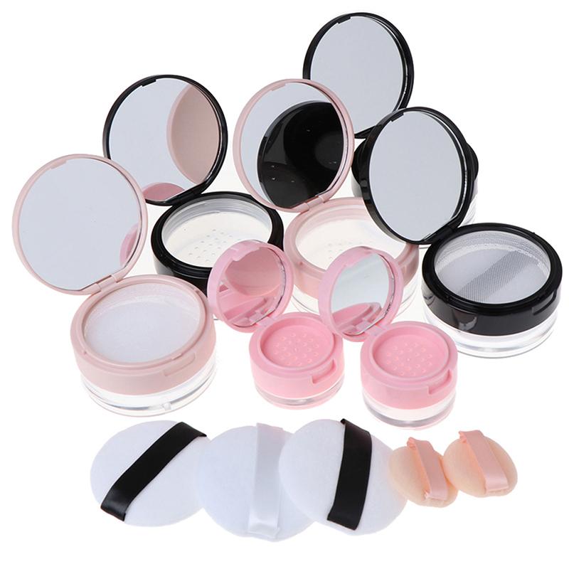 Portable Plastic Powder Box Empty Loose Powder Pot With Sieve Mirror Cosmetic Sifter Loose Jar Travel Makeup Container 7 Styles