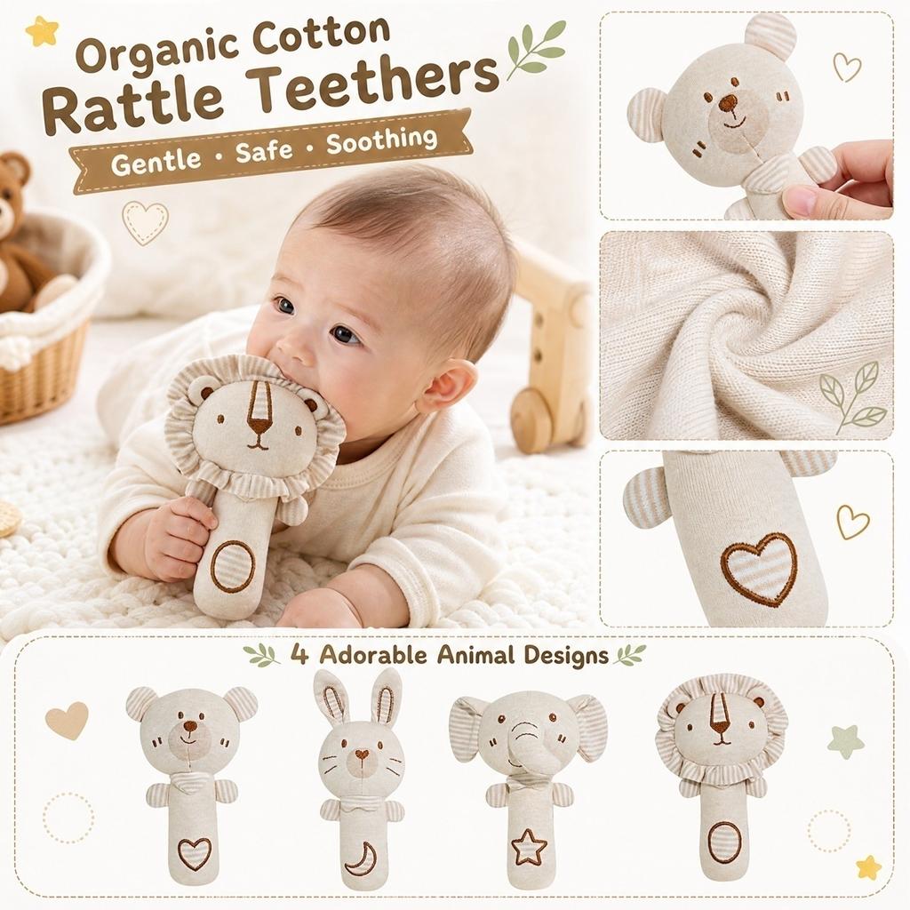 Cotton Baby Rattle Teether Toy for Soothing and Teething