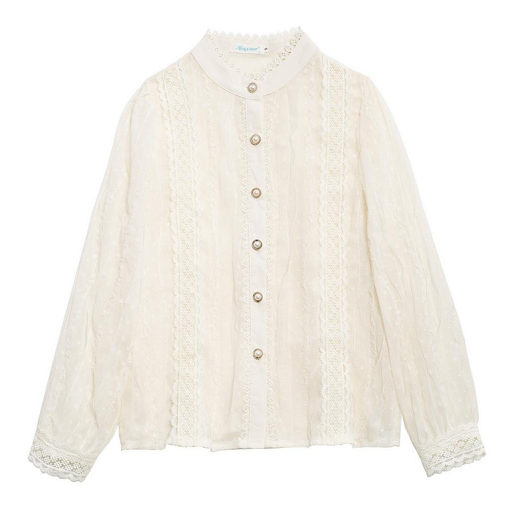 Herbstmode Neu 2024 Langarm Stehkragen Aprikosenfarbene Spitze Chiffon Bluse Hemd Damen Oberteile Blusen Hemden J472