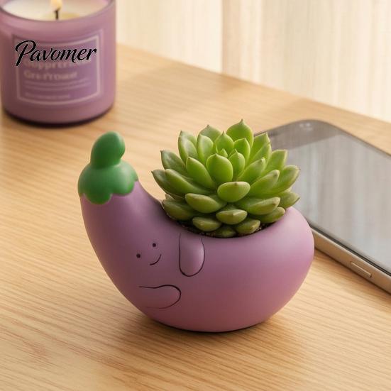 Mini Indoor Plant Pot Cute Eggplant Planter, Resin Small Flower Pot, Funny Purple Vegetable Desktop Decorative Ornament Shape Cactus Container